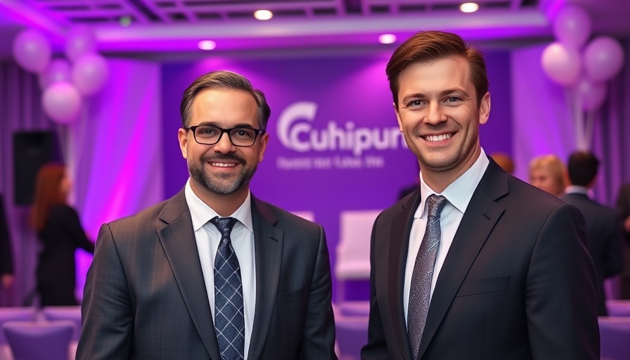 Business event with two smiling men in suits, purple backdrop.