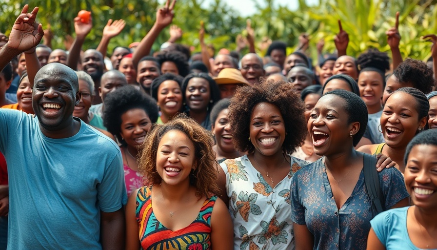 Large group celebrating unity outdoors, vibrant and joyful.