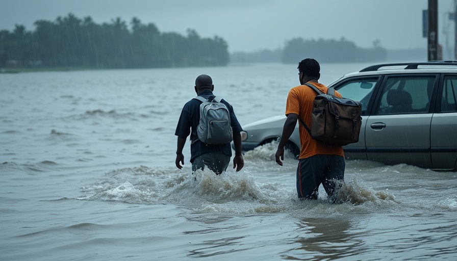Two people wade through flood during global climate flood warnings.