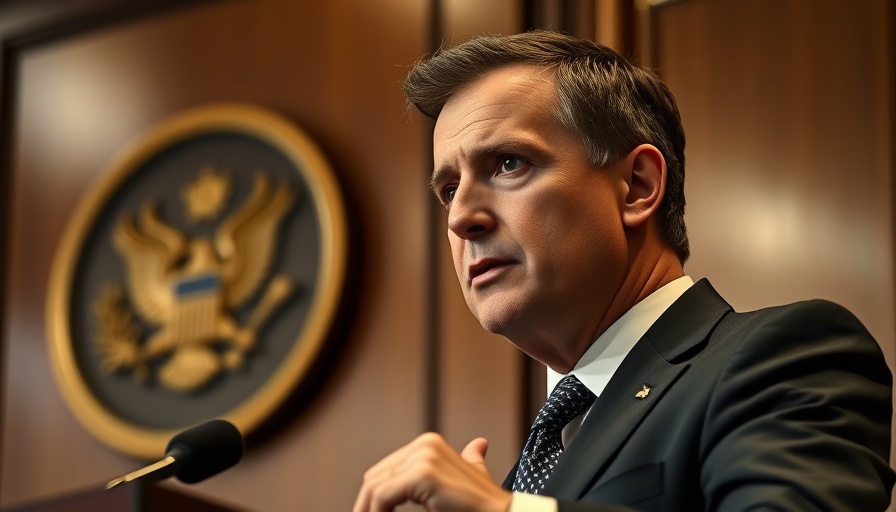 Person addressing an audience with a thoughtful expression, in front of a wooden backdrop with an emblem.