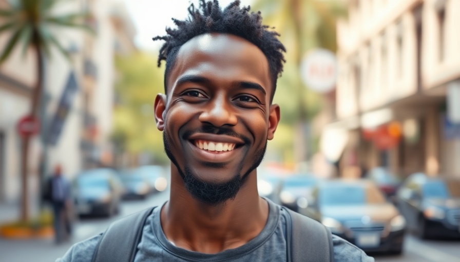 Smiling African man in urban setting representing African startups.