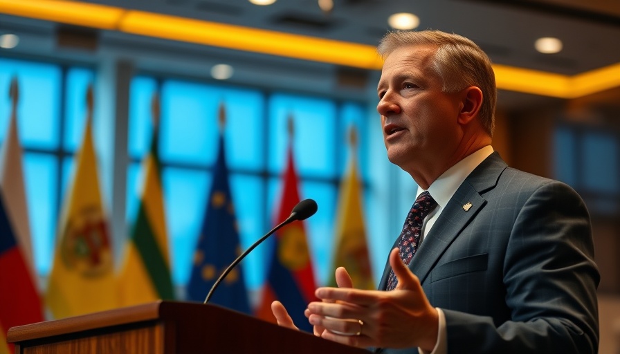 Male speaker at conference with flags in background.