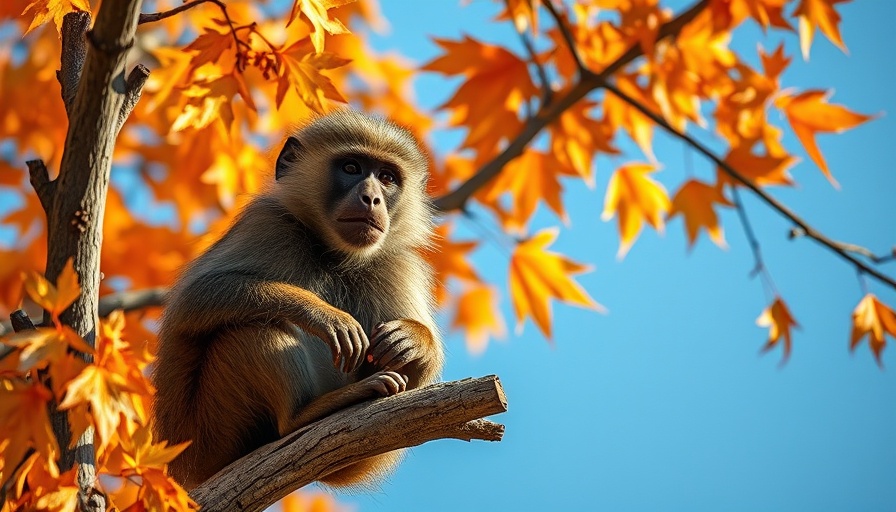 Curious baboon on tree branch, rewilding Nhamacoa Mozambique.