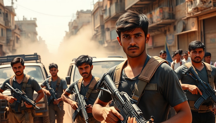 Tense scene of armed youths in a Sudanese street during conflict.