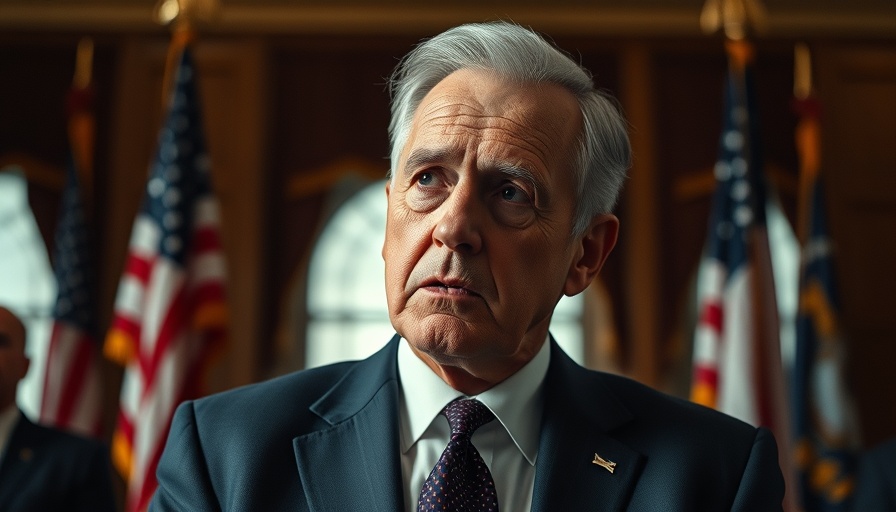 Distinguished older man speaking in a formal setting with flags.