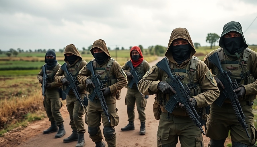 Armed soldiers with covered faces in rural DRC setting.