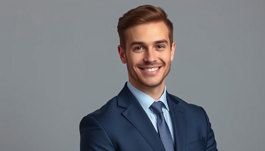 Smiling young man in blue suit, Brydge fintech solutions feature.