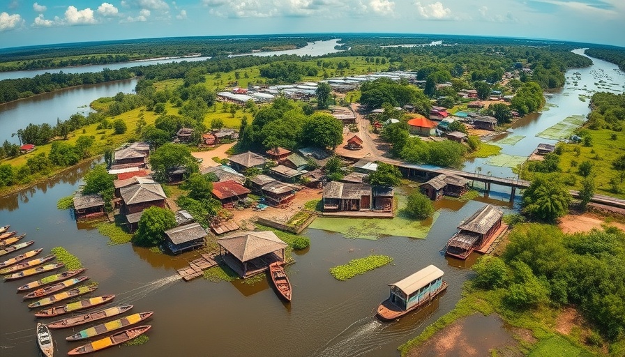 Aerial view of African river village showcasing AI in Africa integration.