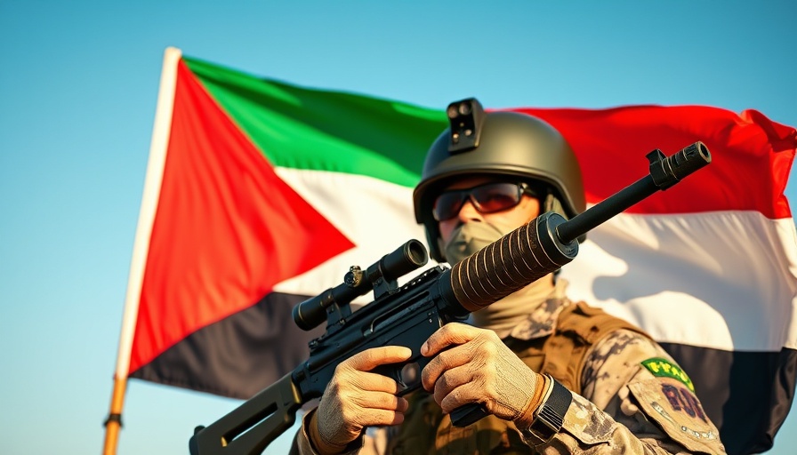 Sudanese soldier with flag and machine gun, symbolizing conflict.
