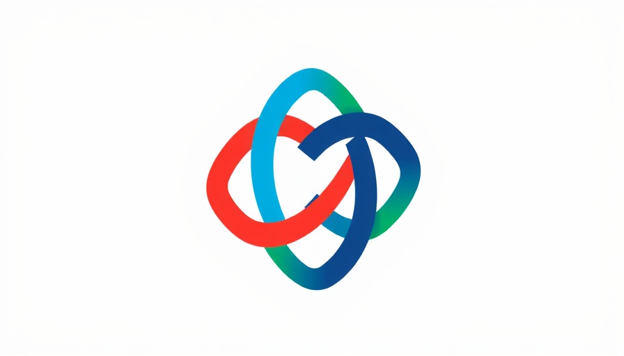 Abstract logo with interwoven red, blue, and green lines.