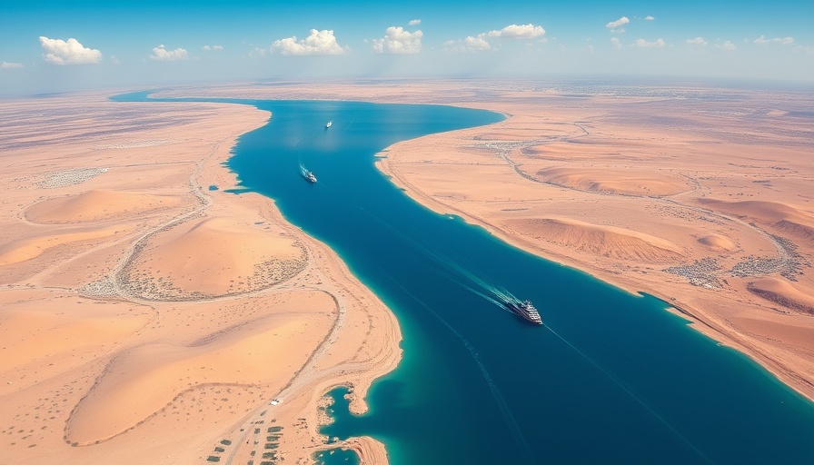 Aerial view of the Suez Canal with sparse shipping activity.