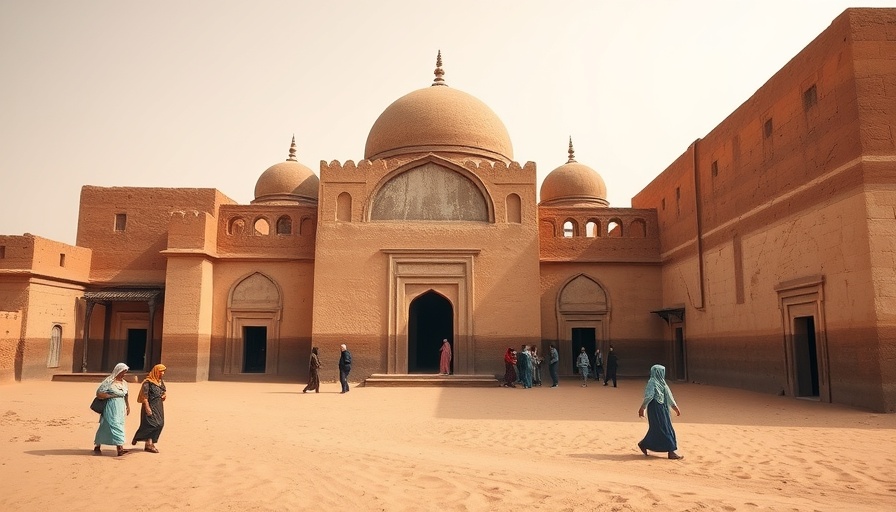 Mali architecture; ancient earthen mosque with people nearby.