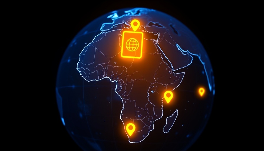 Digital representation of Africa with map markers and a passport icon, Digital Nomad Visas in Africa