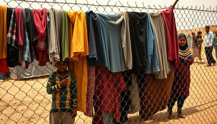 Group of refugees behind fence with hanging clothes, 2 million refugees.