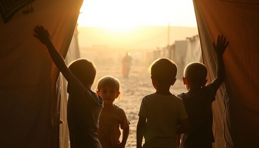 Silhouetted children behind tent wall in Sudan crisis camp.