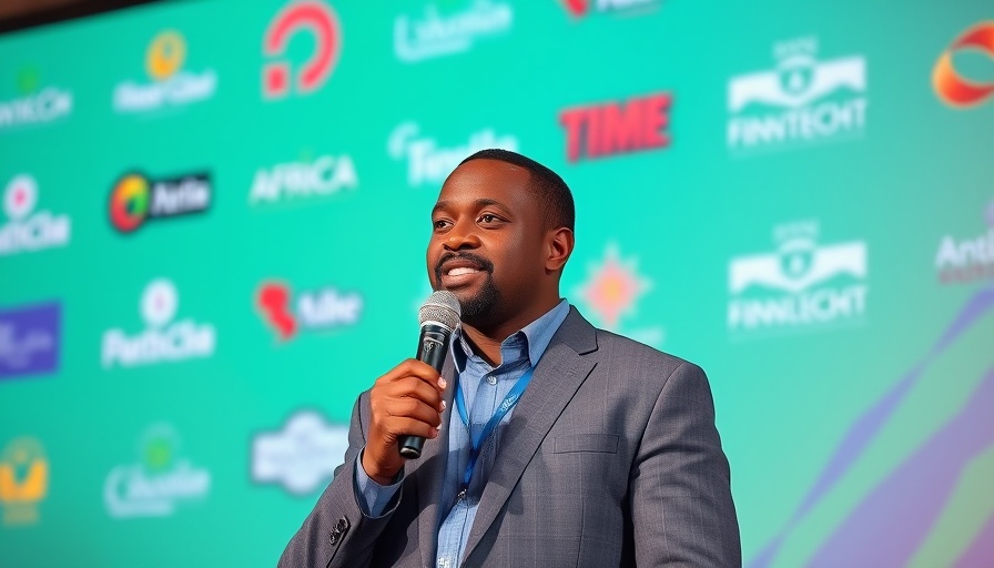 Confident speaker at Africa Fintech Summit with vibrant background.
