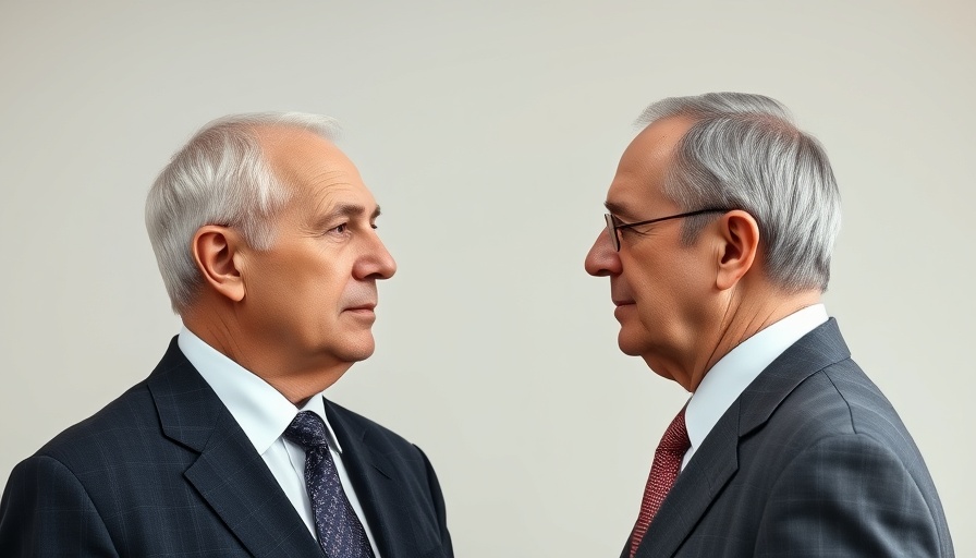 Two leaders in suits facing each other, serious discussion backdrop.