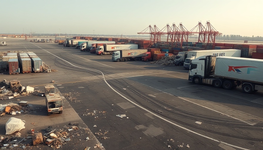 Industrial shipping yard with scattered debris and trucks for Pix of the Day August 13 2025.