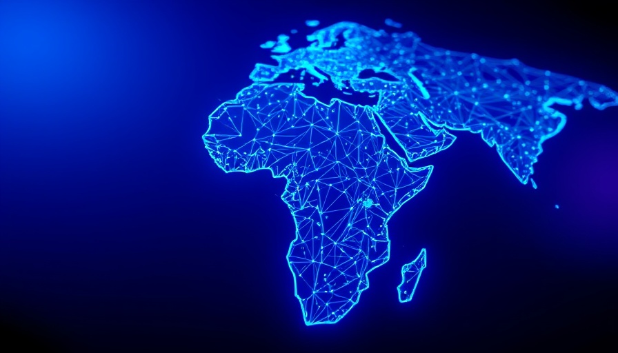 Digital map of Africa with blockchain connections glowing against a blue background.
