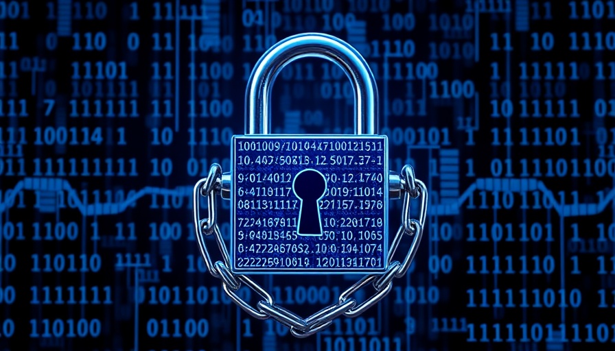 Cybersecurity illustration with digital padlock and binary code.
