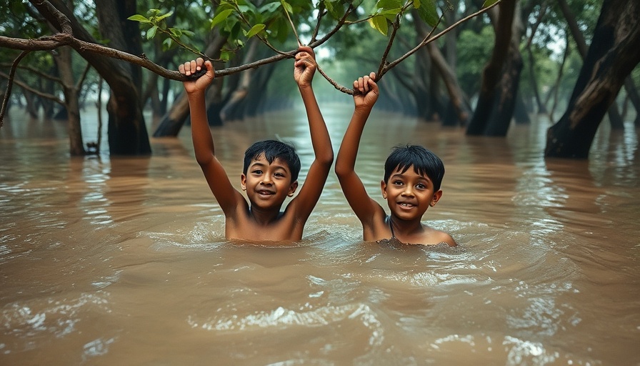 Boys swimming in monsoon floods reaching for branches.