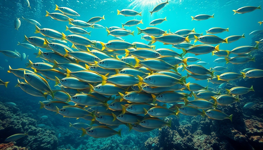 Marine biodiversity in Africa's waters featuring a school of fish illuminated by sunlight.