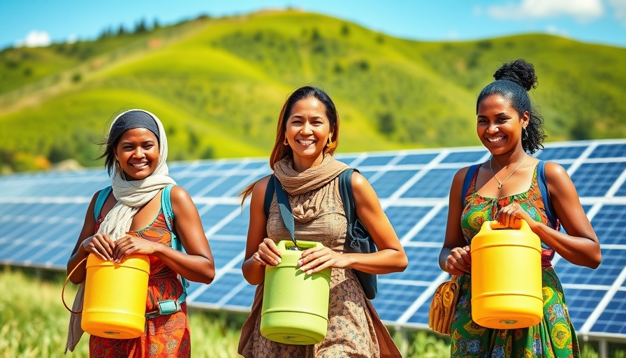 Women engaging in water management beside solar panels, Africa