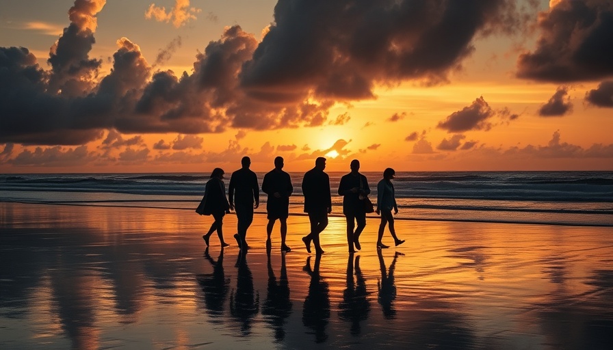 Silhouetted figures on wet sand during sunset with dramatic clouds