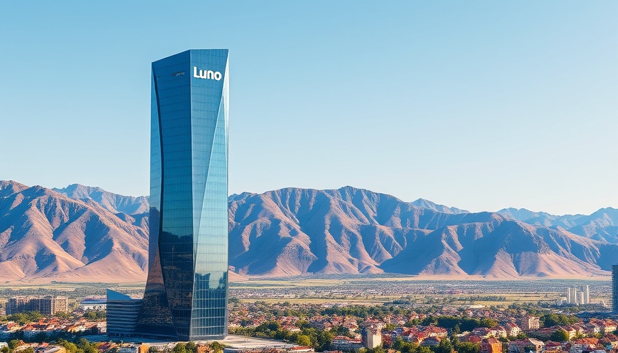 Luno skyscraper standing tall against South African hills.