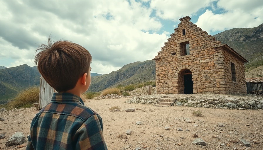 Young boy observes rural stone structure; global news affecting Africa.