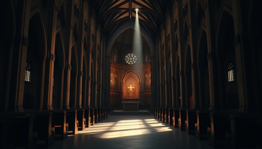 Dimly lit church interior with central aisle and altar