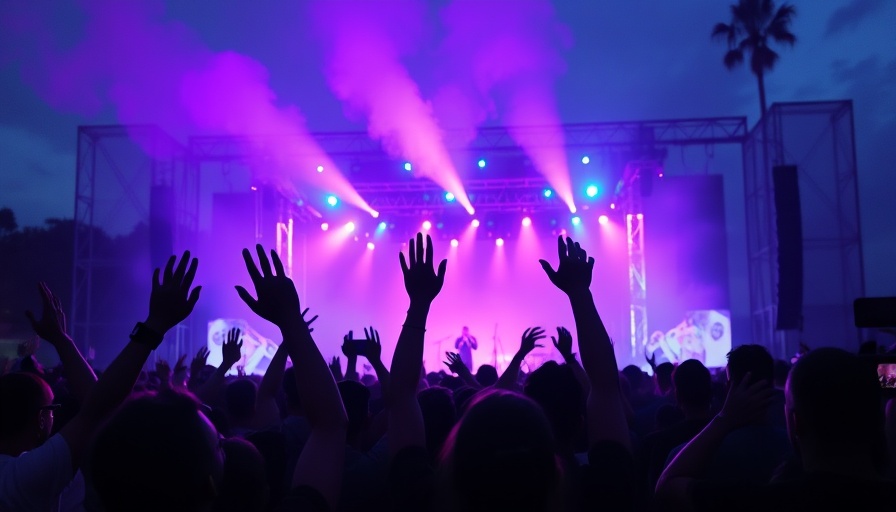 Crowd enjoying live music at a vibrant concert with colorful lights.