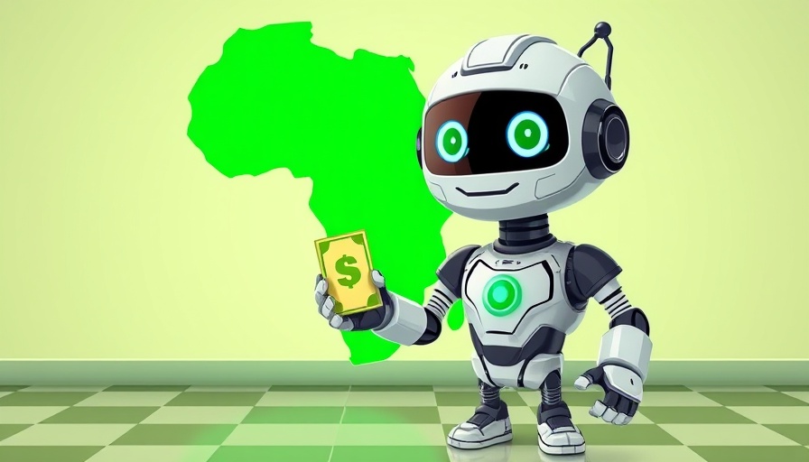 Futuristic robot holding money in front of Africa silhouette, AI in Africa.