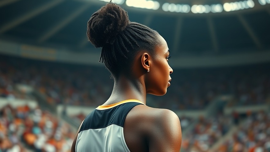 Confident young African female athlete in sports attire, representing Nigerian athletes at a vibrant stadium.