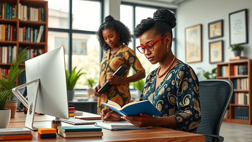 Academic women in elegant traditional attire focus on research at a stylish workspace.