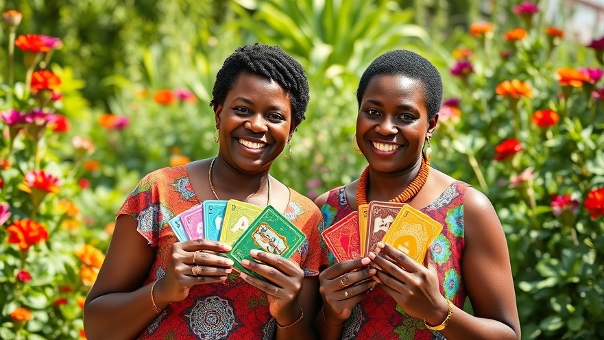 Two smiling African women showcasing colorful game cards, celebrating cultural identity in a vibrant garden.