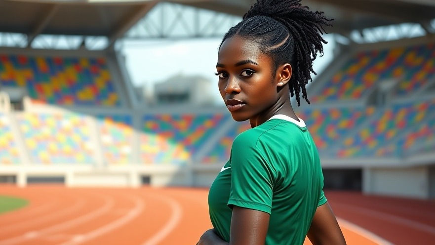 Confident African female athlete in green jersey amid vibrant stadium, capturing the Nigerian athletes exodus.