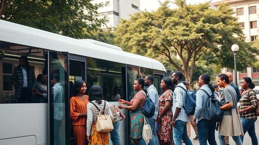Group of Nigerian students boarding a white electric bus, showcasing sustainable transportation Nigeria.