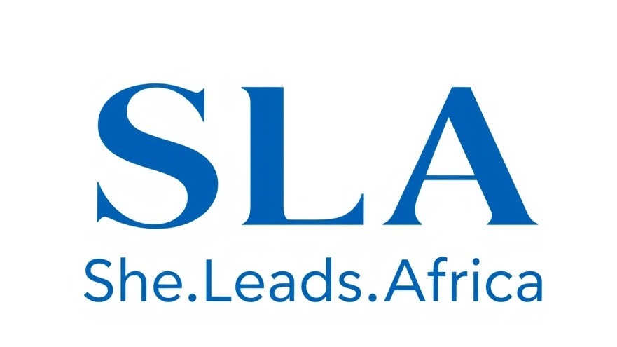 Bold logo 'SLA' promoting Women in Africa leadership with blue accents.