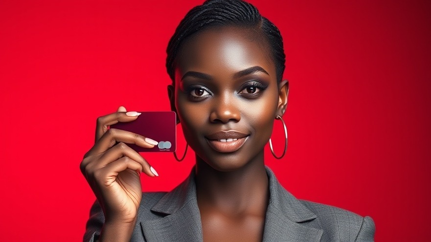 Confident African woman with futuristic credit card, showcasing digital payments revolution in fintech Africa.