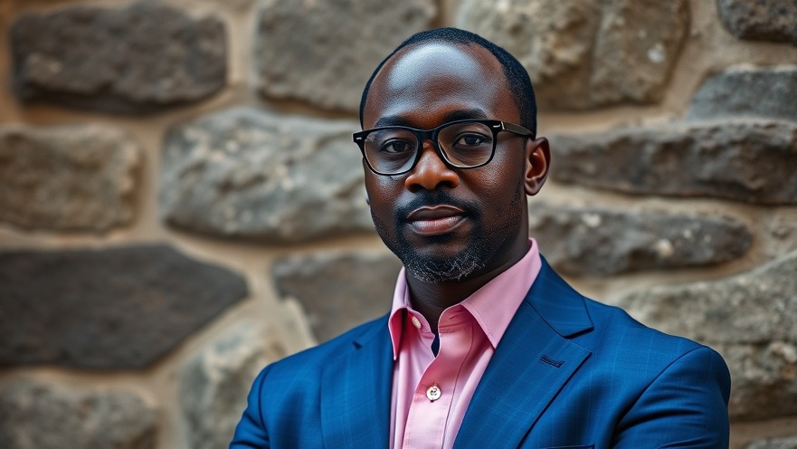 Confident African businessman in blue suit, reflecting digital transformation in Africa.