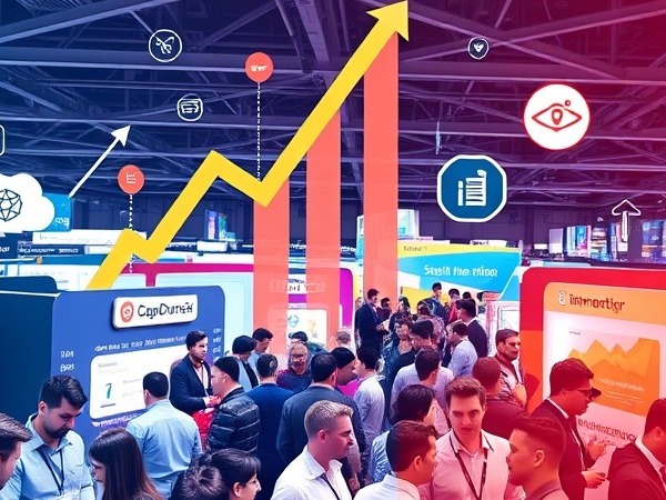 Exhibitors collaborate at a trade show with growth arrows and charts. Exhibitors collaborate at a trade show with growth arrows and charts.