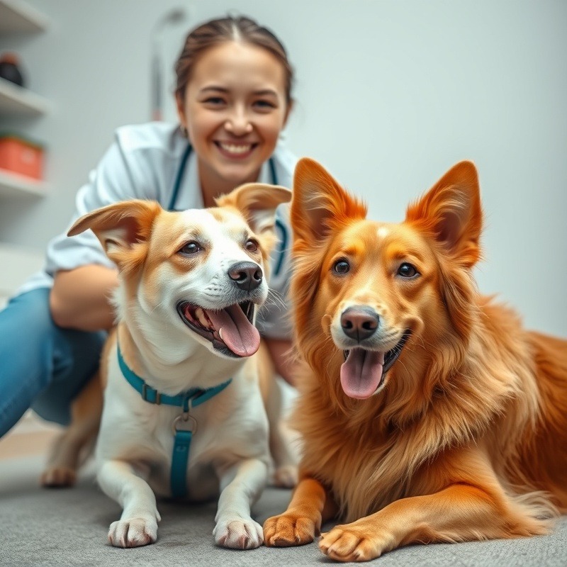 Happy veterinarian playing with two joyful dogs in a bright clinic. Happy veterinarian playing with two joyful dogs in a bright clinic.