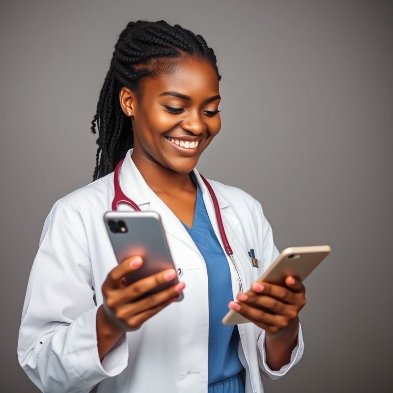 Happy female black doctor scrolling on mobile phone, showcasing modern healthcare. Happy female black doctor scrolling on mobile phone, showcasing modern healthcare.