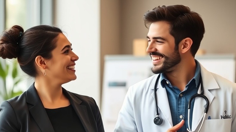 Happy doctor discussing health strategies with a marketing manager. Happy doctor discussing health strategies with a marketing manager.