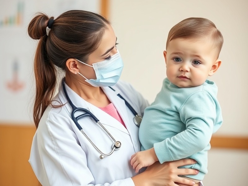 Pediatrician holding a child in a caring examination room Pediatrician holding a child in a caring examination room