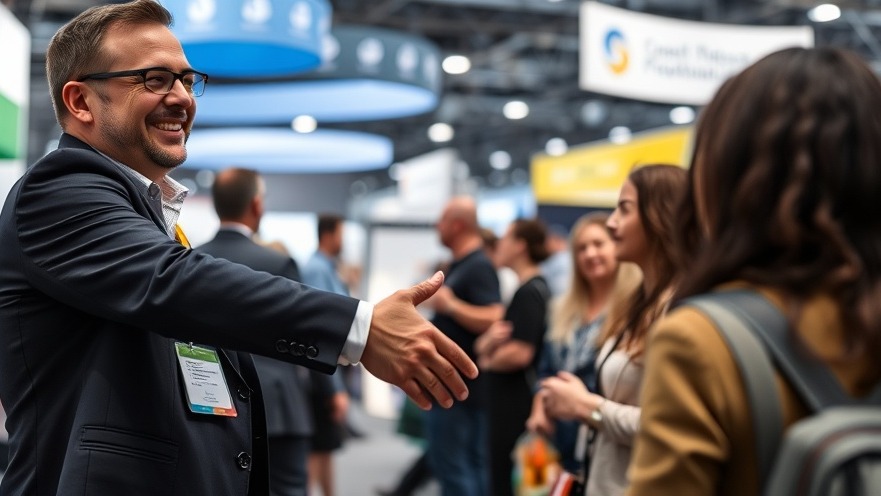 Close-up of smiling exhibitor shaking hands with attendee at booth space. Close-up of smiling exhibitor shaking hands with attendee at booth space.