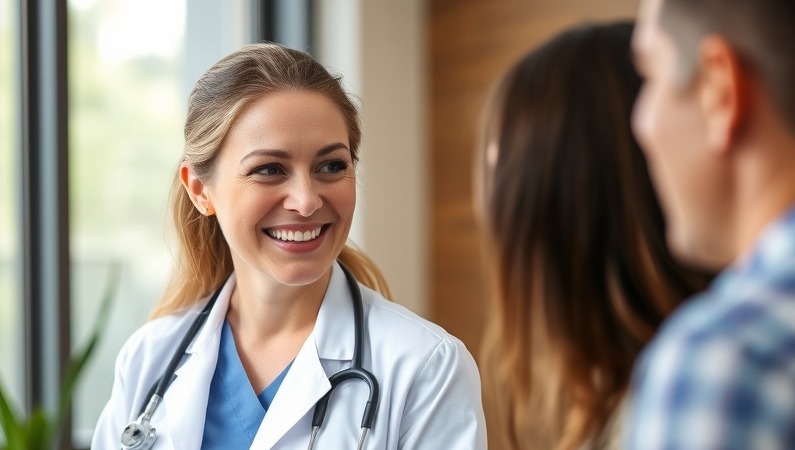 Female family medicine practitioner engaging with a patient in a warm, midhead shot. Female family medicine practitioner engaging with a patient in a warm, midhead shot.