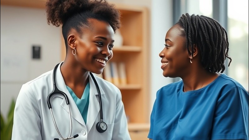 Black female doctor discussing health with a satisfied patient. Black female doctor discussing health with a satisfied patient.