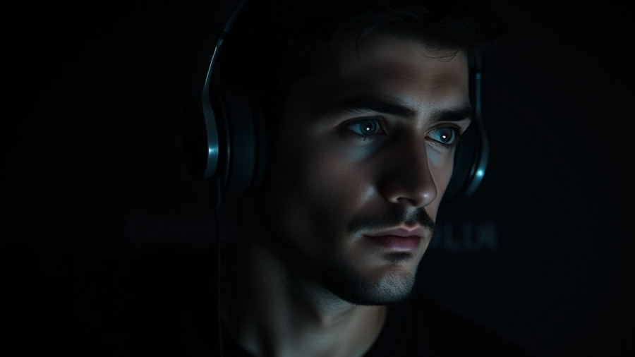 Moody portrait of man in headphones, contemplative look, 'Control Your Mind to Change Your Life' theme.